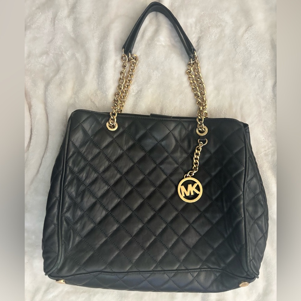 Michael Kors Black Quilted Shoulder Bag with Gold Accents